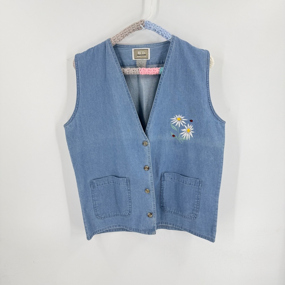 Vintage Won's Wear Denim Vest Blue Daisy Ladybug Embroidered Cottagecore